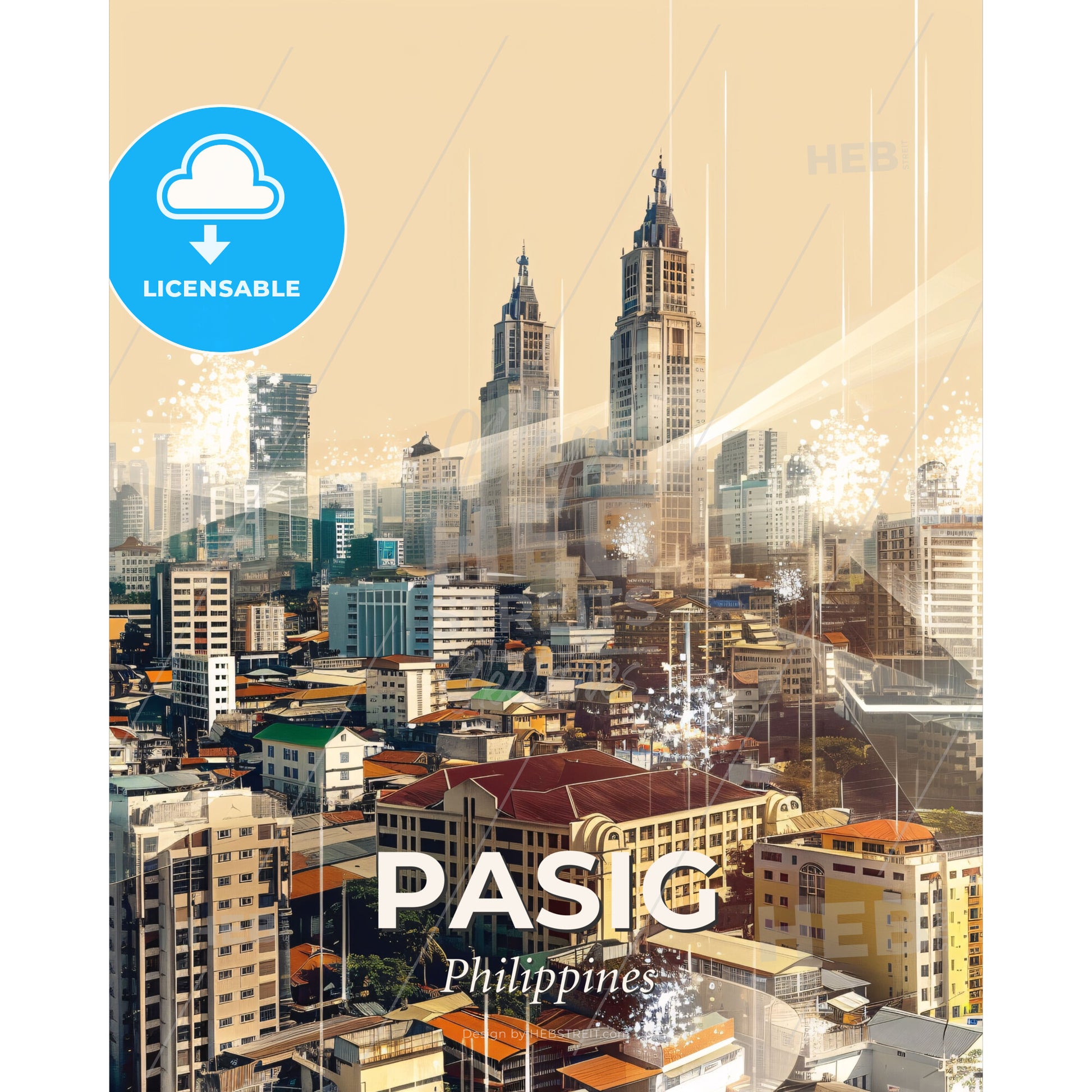 Pasig Skyline Double Exposure Art on Beige - A city with many tall buildings - Square format print template