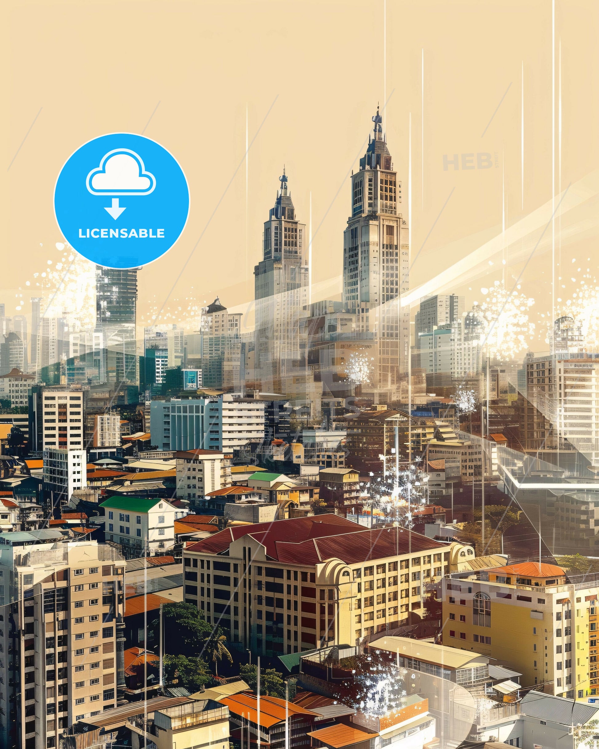 Pasig Skyline Double Exposure Art on Beige - A city with many tall buildings