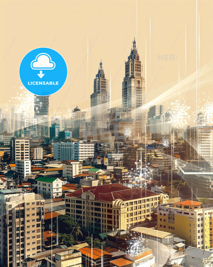 Pasig Skyline Double Exposure Art on Beige - A city with many tall buildings