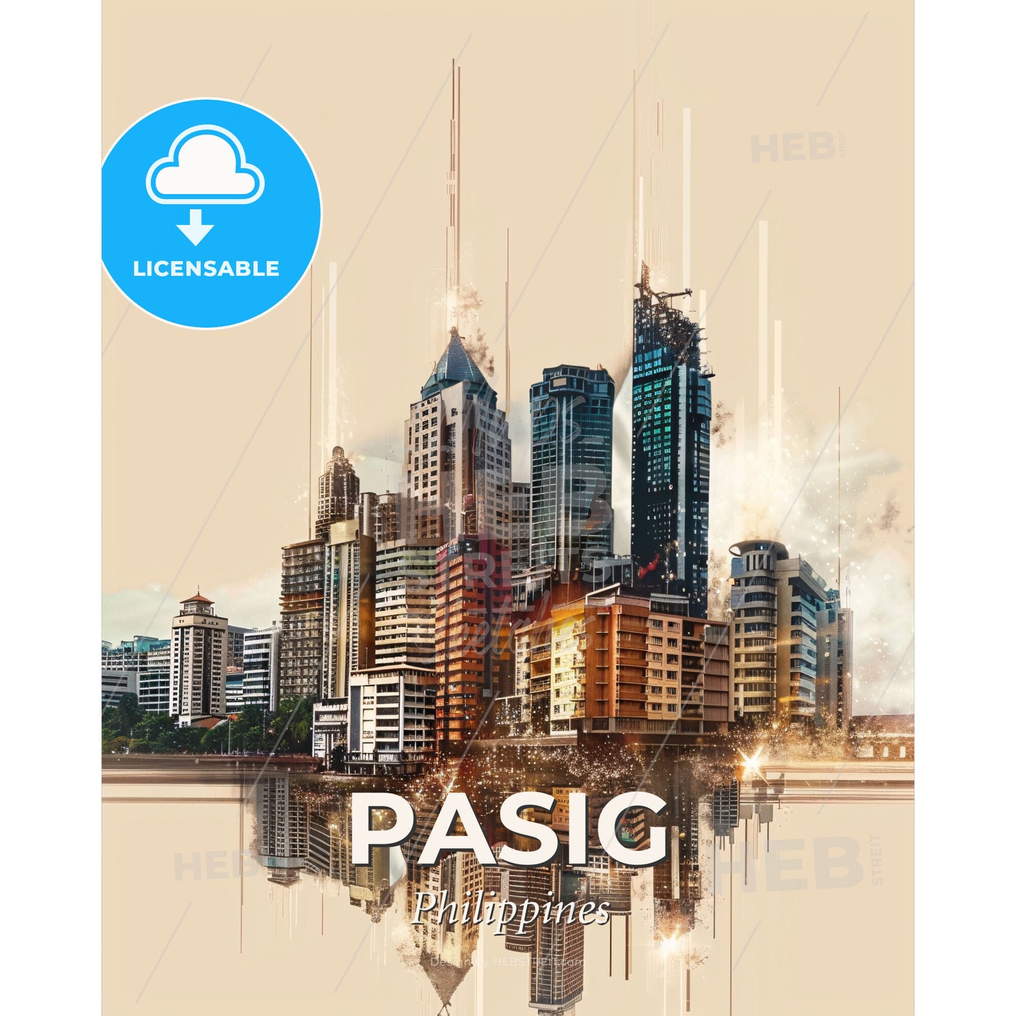 Pasig Skyline Double Exposure Bright Colors - A city skyline with many tall buildings - Square format print template