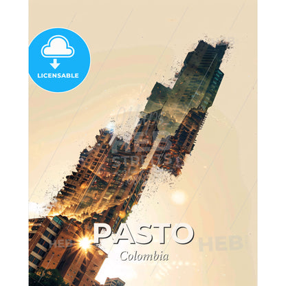 Pasto City Skyline Icon Montage Artwork - A double exposure of a skyscraper - Square format print template