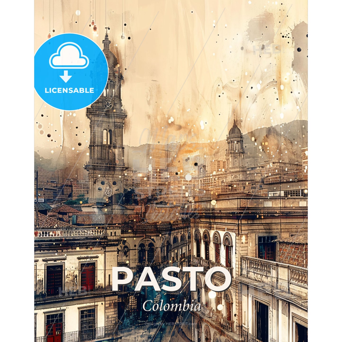 Pasto Double Exposure Composite Skyline Art - A city with a clock tower - Square format print template