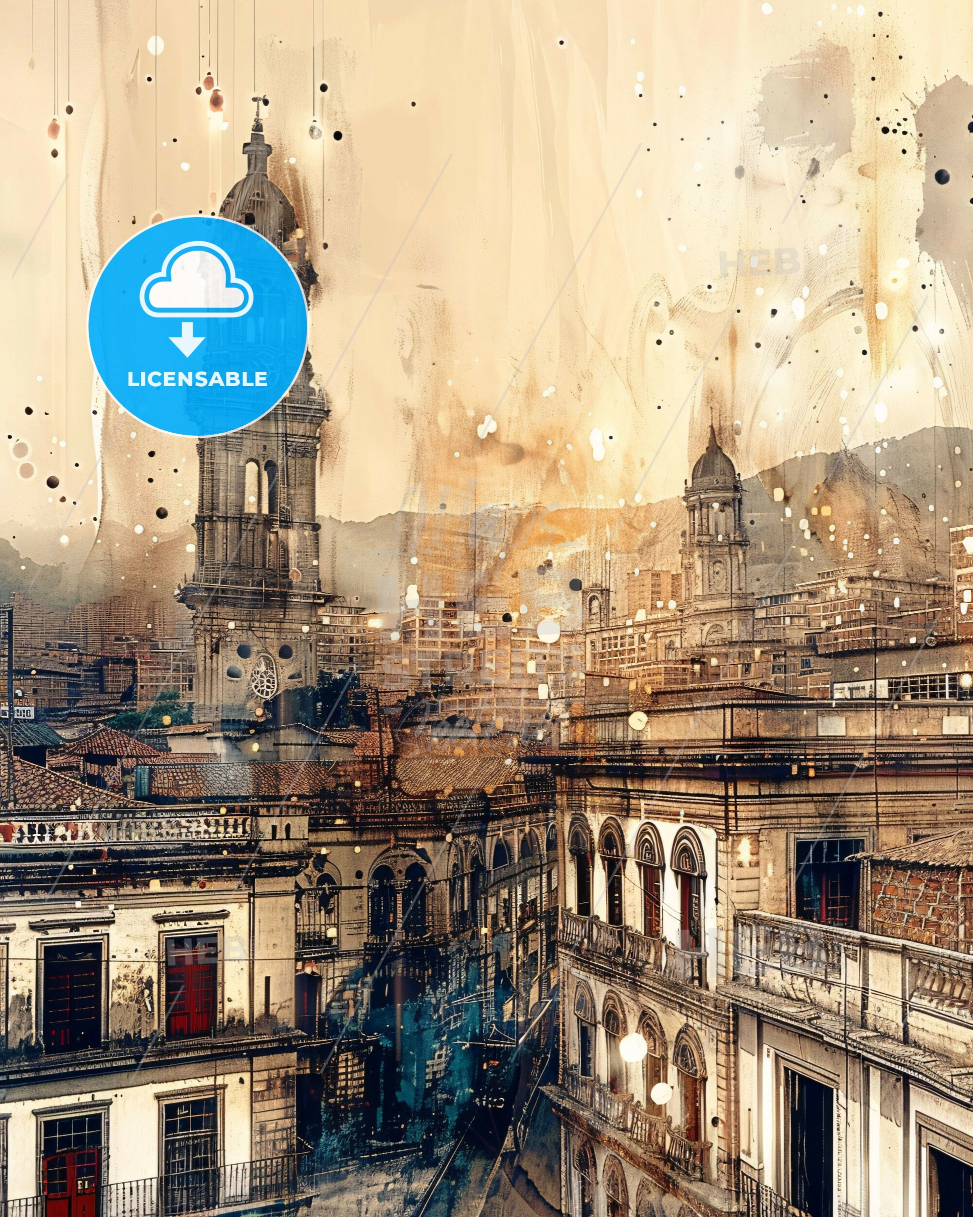 Pasto Double Exposure Composite Skyline Art - A city with a clock tower
