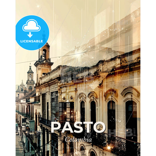 Pasto City Skyline Double Exposure Poster Art - A building with a bell tower - Square format print template