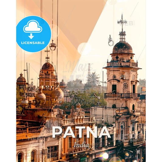 Patna India Skyline Double Exposure Art Poster - A group of buildings with towers and trees - Square format print template