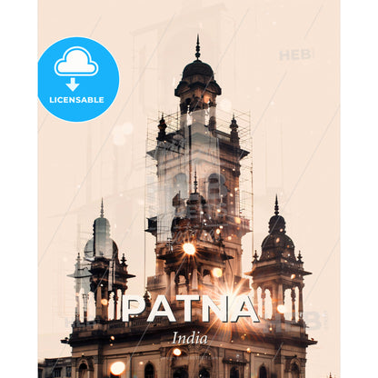 Patna Skyline Sunset Sparkle Art Composite Poster - A building with a tower and a sun shining through it - Square format print template