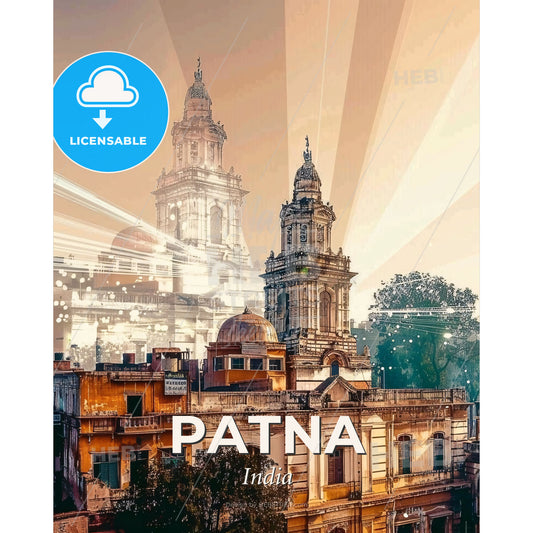 Patna Skyline Composite Art Poster - A building with towers and sun rays - Square format print template