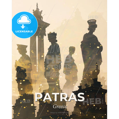 Patras Greece Double Exposure Skyline Art - A group of statues on top of a building - Square format print template