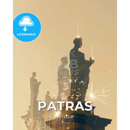 Patras Skyline Composite Art Poster with Sparkle - A statue of a woman with a group of people - Square format print template