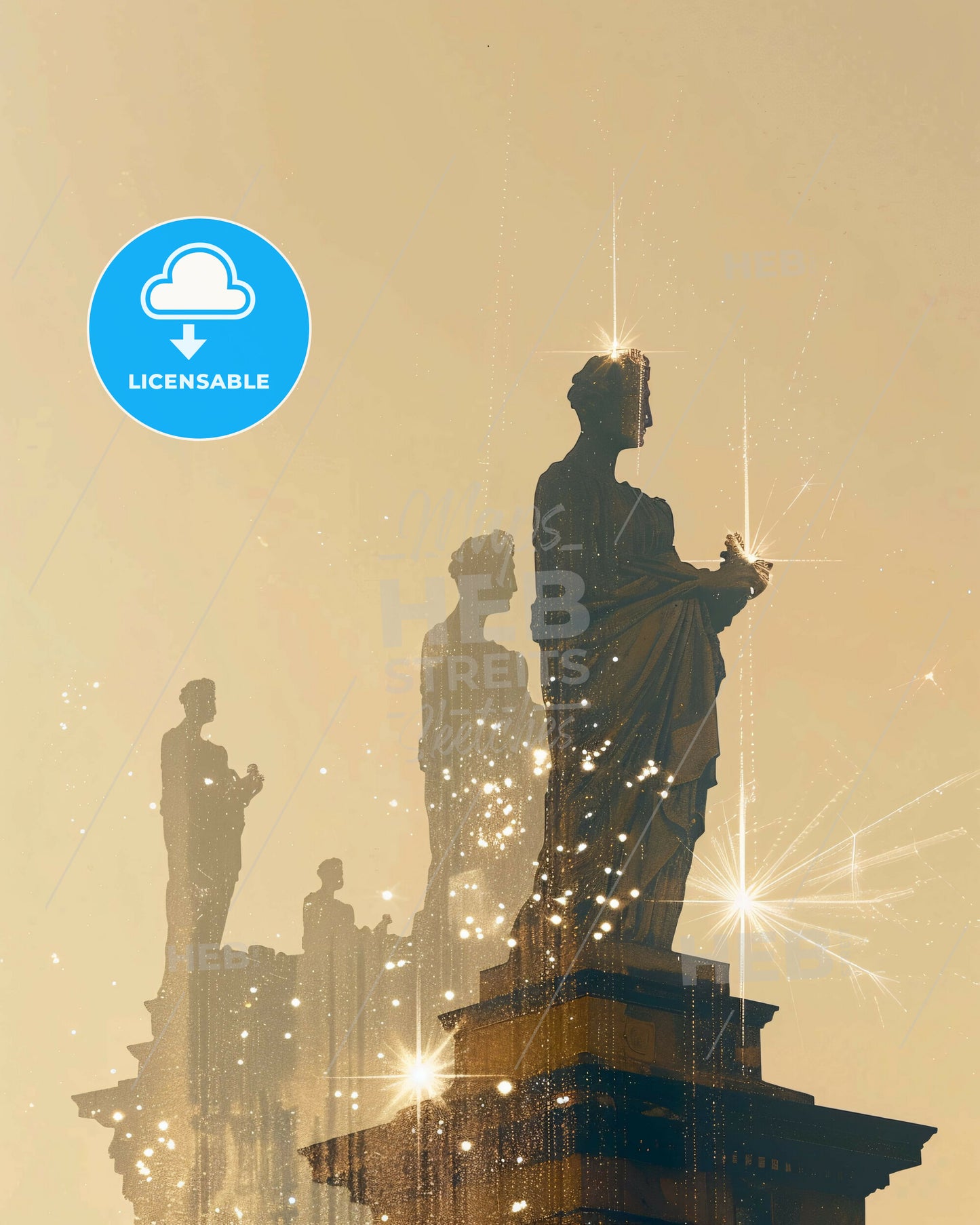 Patras Skyline Composite Art Poster with Sparkle - A statue of a woman with a group of people