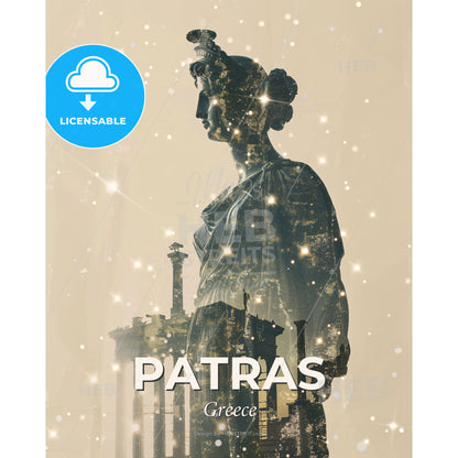 Patras Skyline Art Deco Poster Beige - A double exposure of a statue - Square format print template