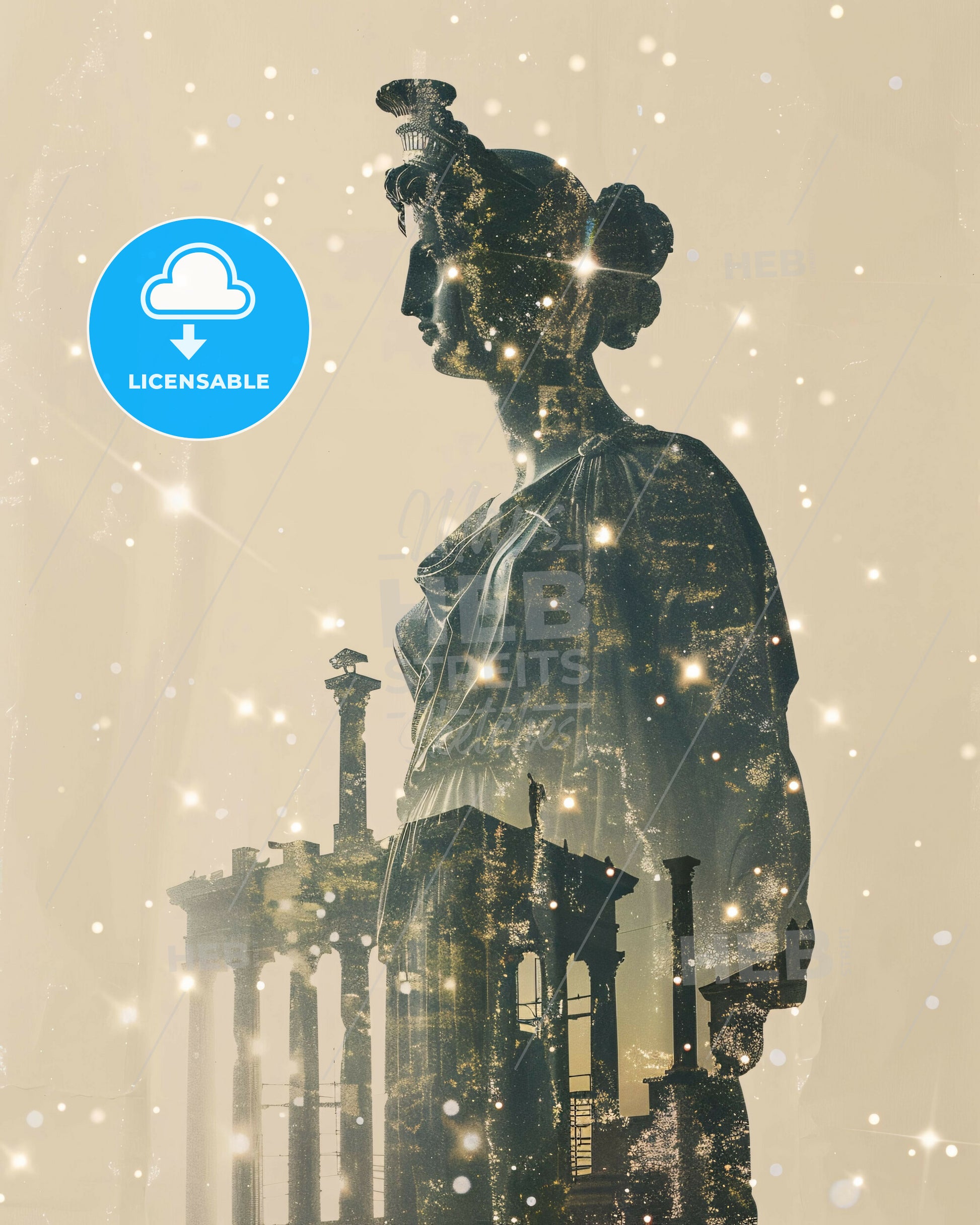 Patras Skyline Art Deco Poster Beige - A double exposure of a statue
