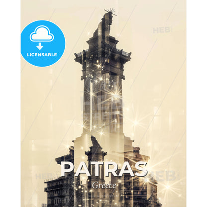 Patras City Skyline Art: Bright Beige Sparkle Silhouette - A statue of a man on a statue - Square format print template