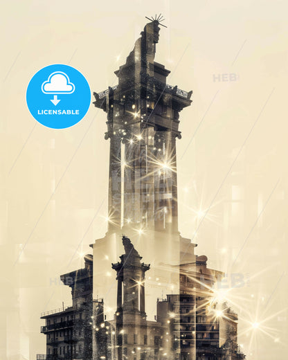 Patras City Skyline Art: Bright Beige Sparkle Silhouette - A statue of a man on a statue