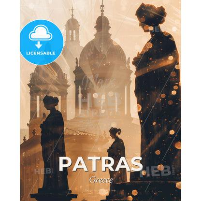 Patras City Skyline Double Exposure Art Print - A group of people standing in front of a building - Square format print template
