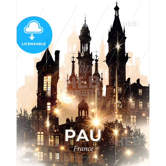 Pau, France: City's Skyline in Double Exposure Art - A building with towers and towers and a clock tower - Square format print template