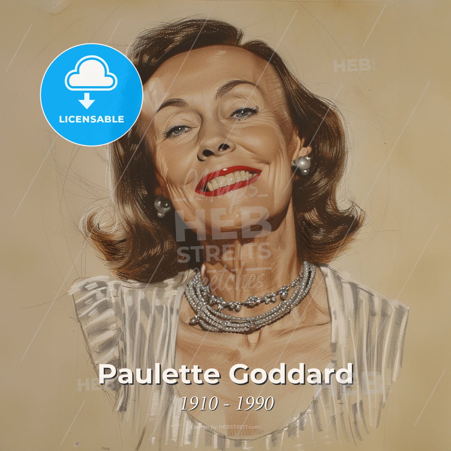 Paulette Goddard, 1910 - 1990, American actress - A Woman Smiling With A Necklace Print Template