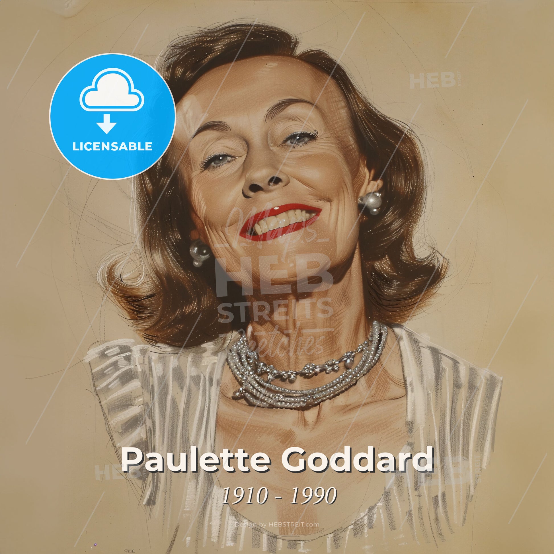 Paulette Goddard, 1910 - 1990, American actress - A Woman Smiling With A Necklace Print Template