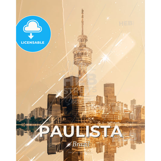 Paulista City Skyline Poster: Double Exposure Dream - A city skyline with a tall tower and reflection of water - Square format print template