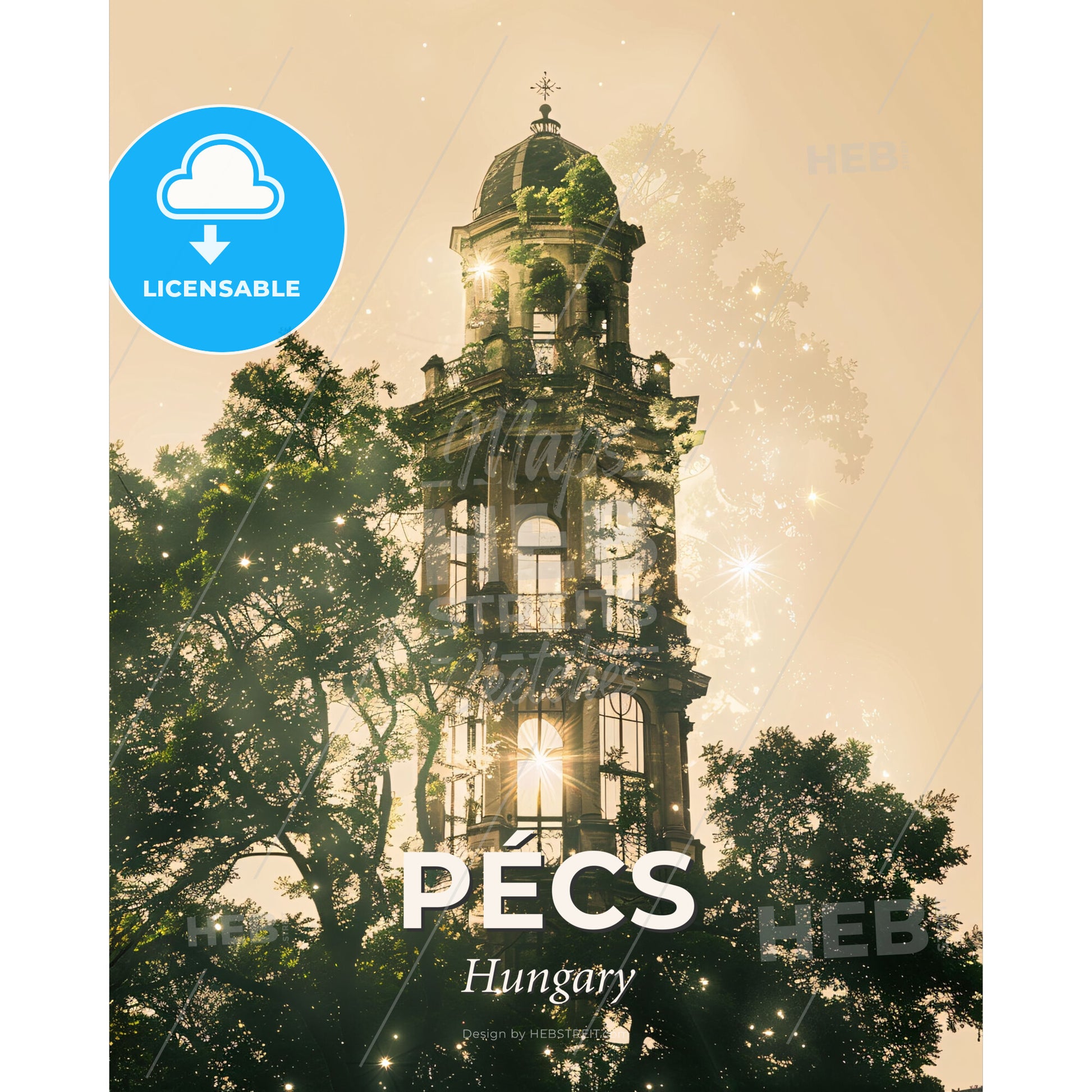 Pecs City Skyline Art Poster: Subtle Lights, Bright Beige - A building with a tower and trees - Square format print template