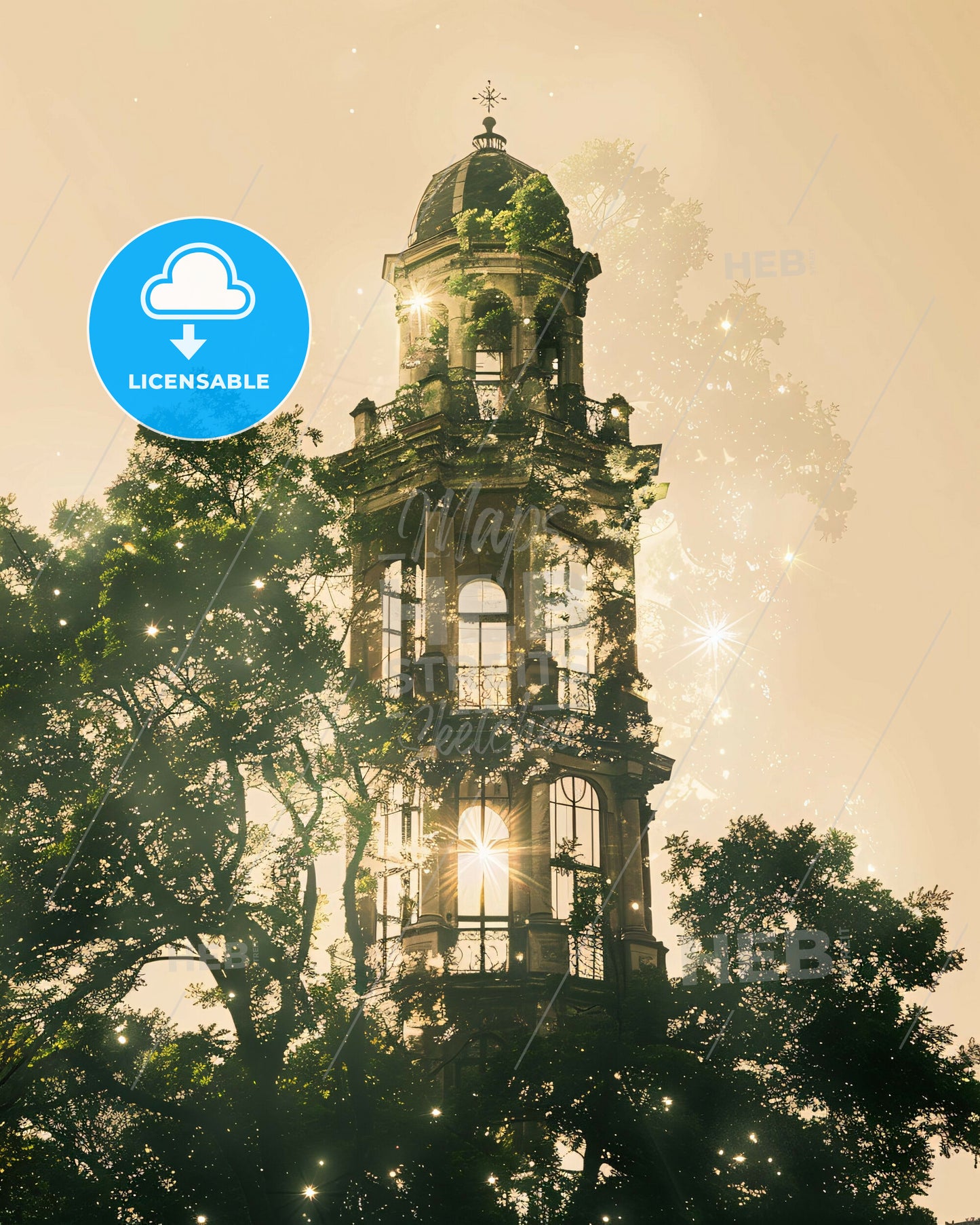 Pecs City Skyline Art Poster: Subtle Lights, Bright Beige - A building with a tower and trees