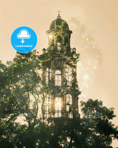 Pecs City Skyline Art Poster: Subtle Lights, Bright Beige - A building with a tower and trees