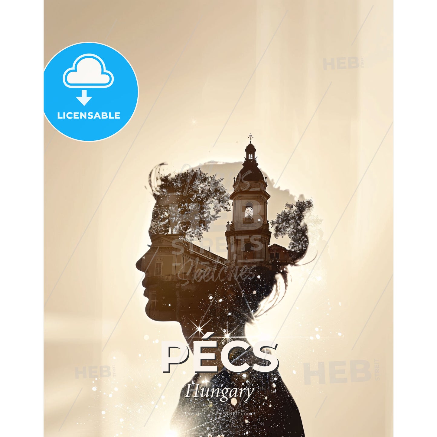 Pecs City Double Exposure Silhouette Art Poster - A silhouette of a woman with a building and a tower - Square format print template