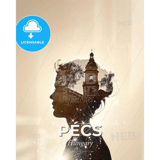 Pecs City Double Exposure Silhouette Art Poster - A silhouette of a woman with a building and a tower - Square format print template