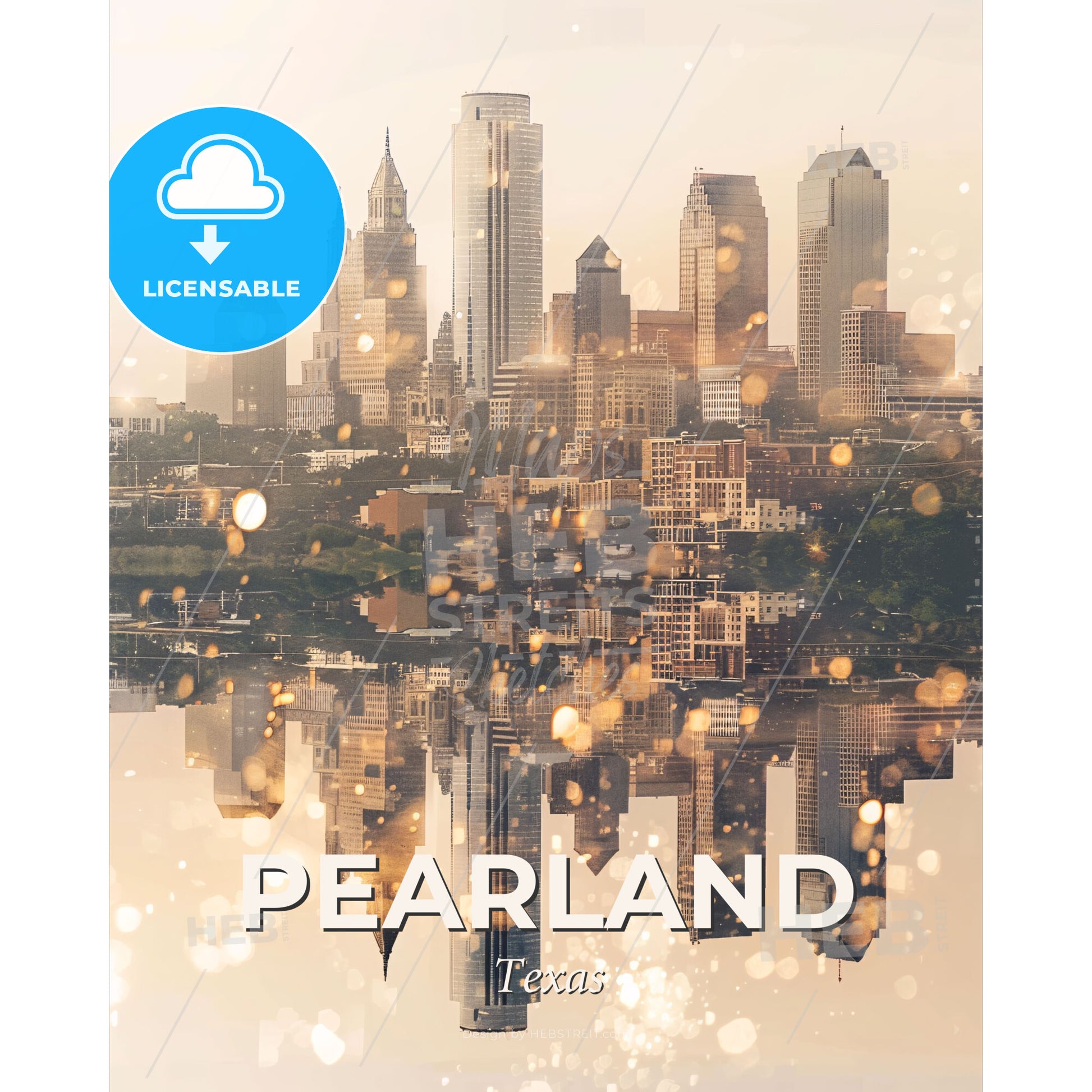 Pearland Skyline: City Icons in a Golden Glow - A city skyline with many buildings reflected in water - Square format print template