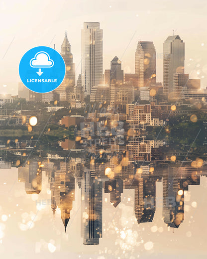 Pearland Skyline: City Icons in a Golden Glow - A city skyline with many buildings reflected in water