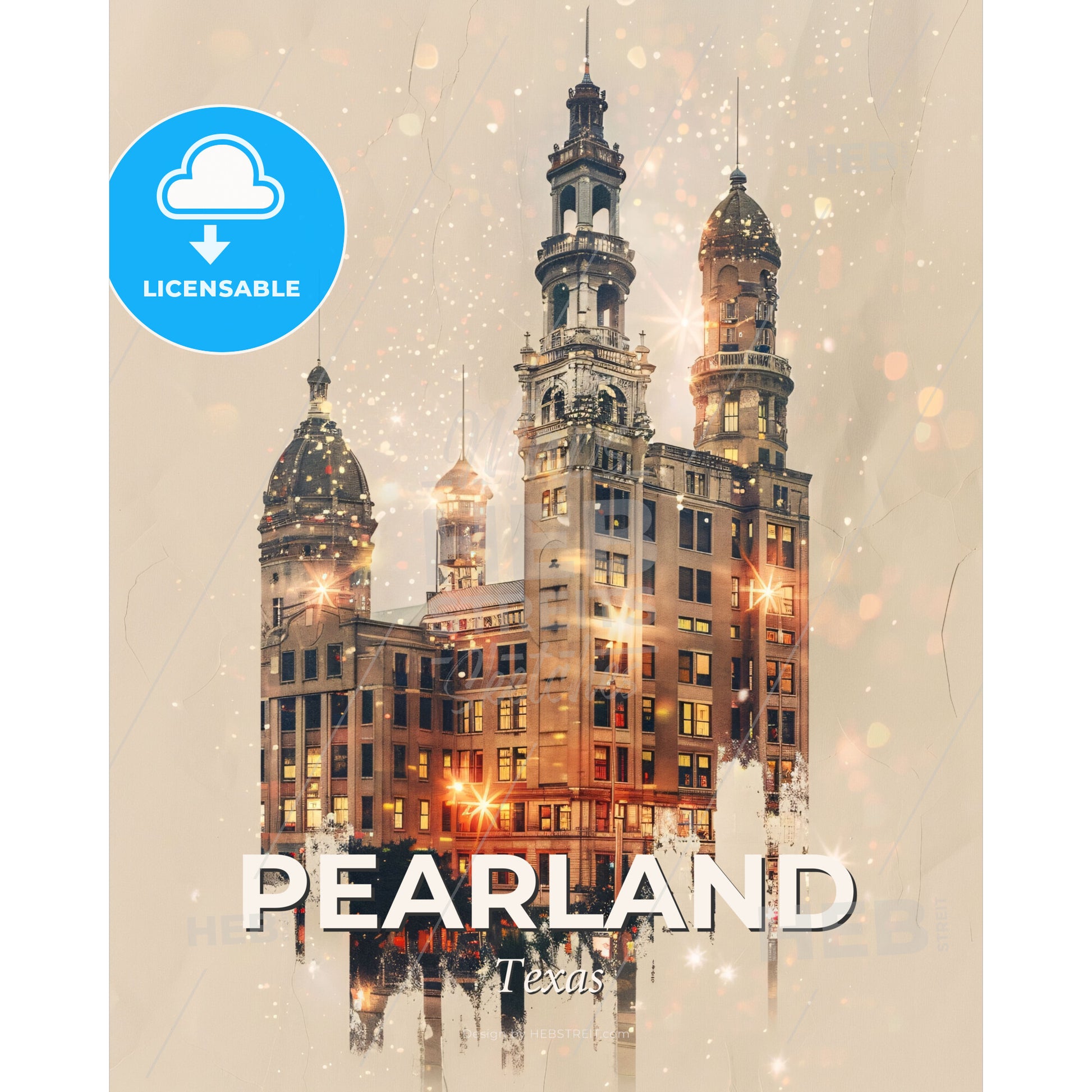 Pearland Skyline Double Exposure City Architecture - A building with many towers and a street light - Square format print template