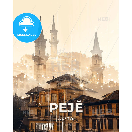 Peje City Skyline Composite Art Poster Beige - A building with towers and a city in the background - Square format print template