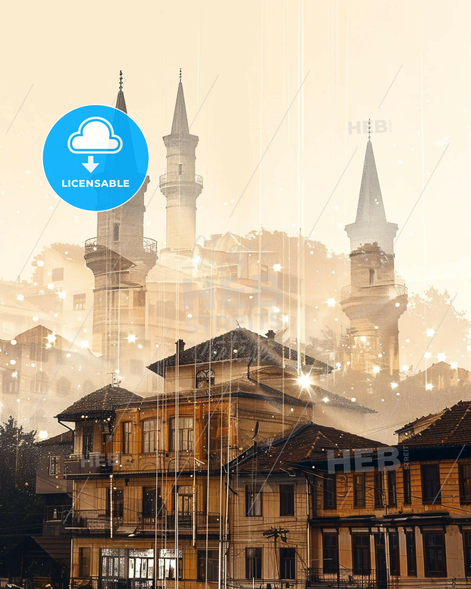 Peje City Skyline Composite Art Poster Beige - A building with towers and a city in the background