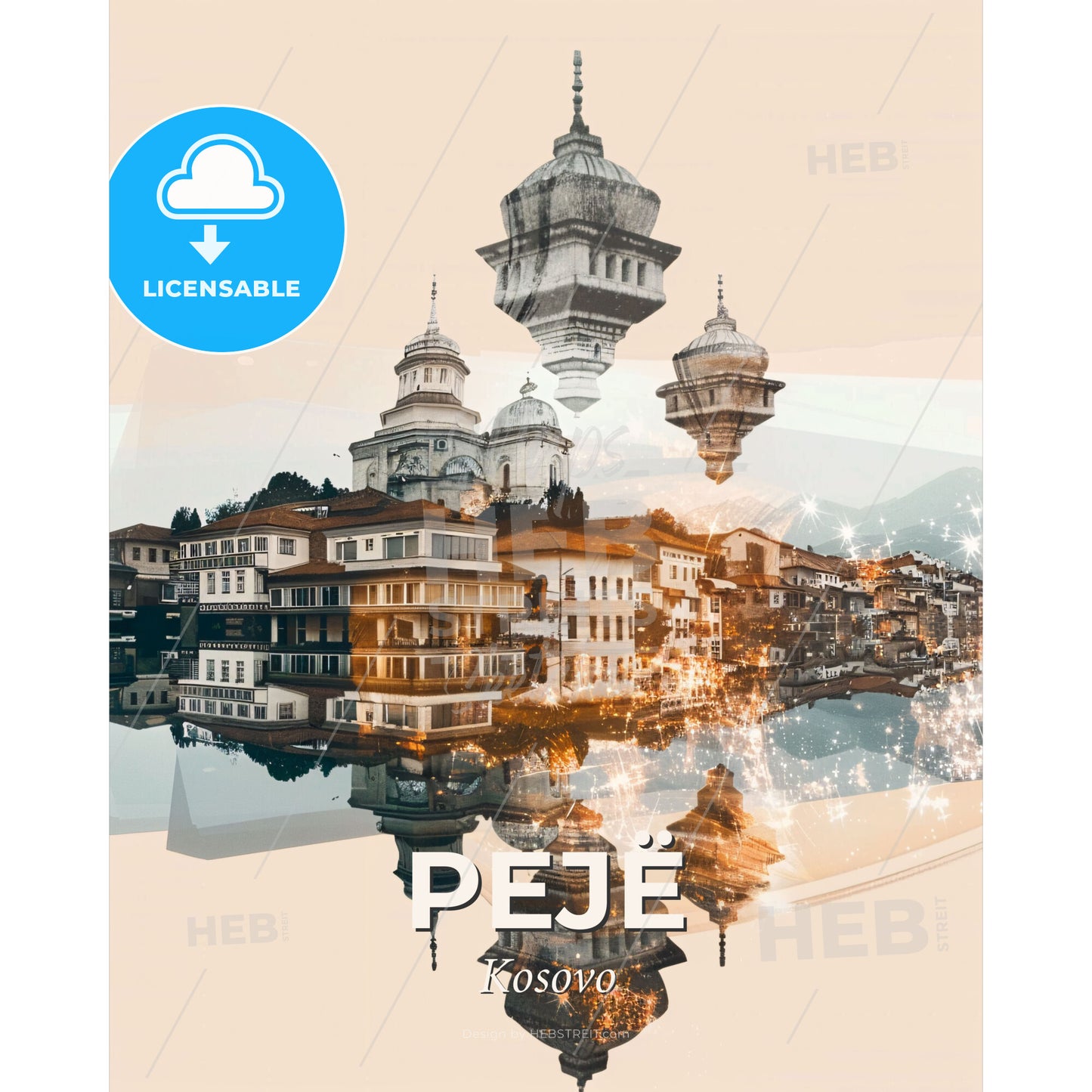 Peje City Architecture Double Exposure Art Poster - A city with buildings and lights reflected in water - Square format print template