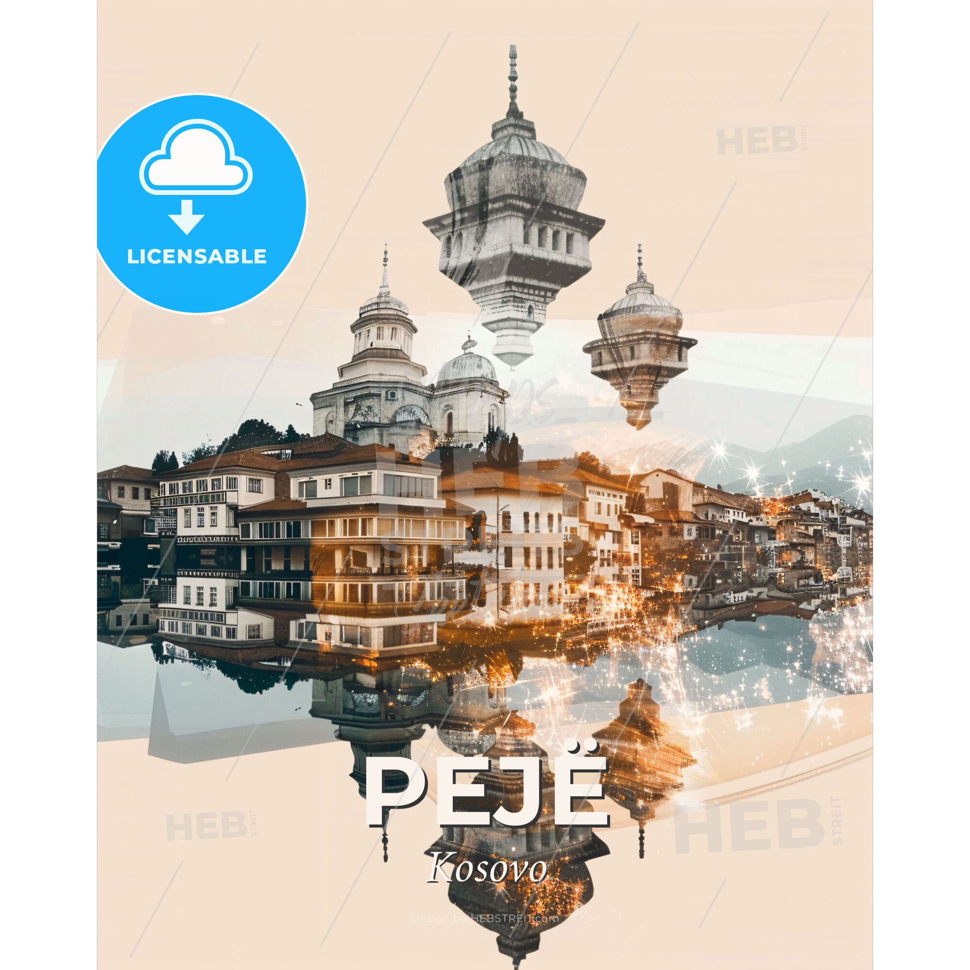 Peje City Architecture Double Exposure Art Poster - A city with buildings and lights reflected in water - Square format print template