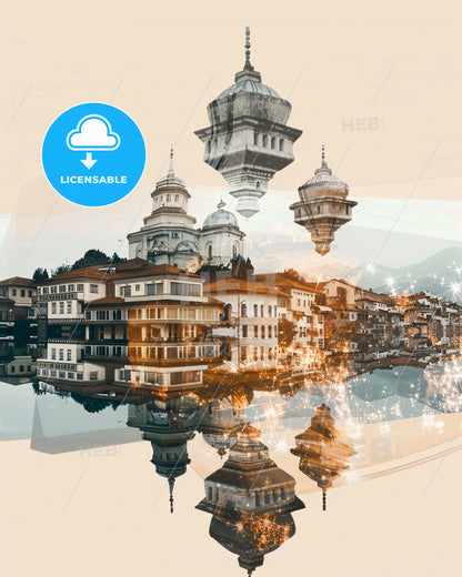 Peje City Architecture Double Exposure Art Poster - A city with buildings and lights reflected in water