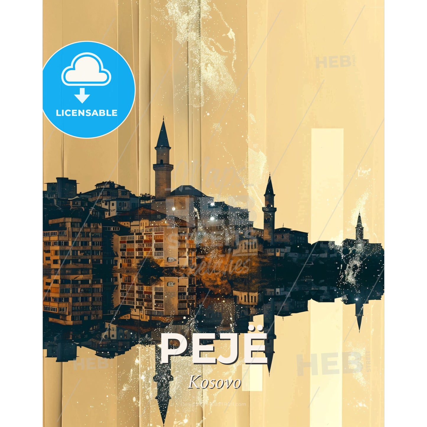 Peje Skyline City Art with Architecture Icons - A city with towers and buildings reflected in water - Square format print template