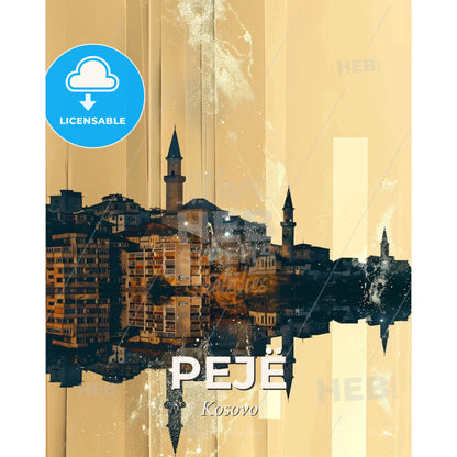 Peje Skyline City Art with Architecture Icons - A city with towers and buildings reflected in water - Square format print template