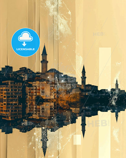 Peje Skyline City Art with Architecture Icons - A city with towers and buildings reflected in water