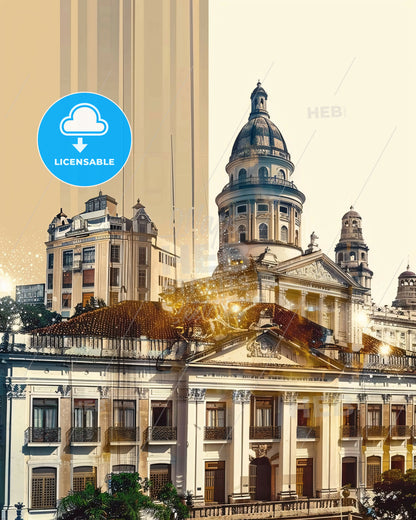 Pelotas Skyline Beige Poster with Local Icons - A large building with a dome and a domed roof