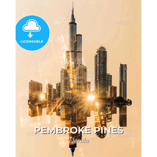 Pembroke Pines Skyline Composite Poster Art - A city skyline with a reflection of the sun - Square format print template