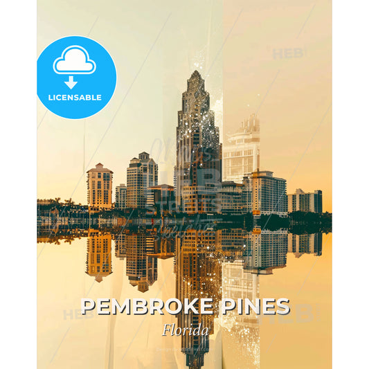 Pembroke Pines City Skyline Modern Art Print - A city skyline reflected in water - Square format print template