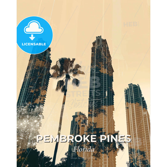 Pembroke Pines Cityscape Art: Iconic Sparkle - A tall buildings with palm trees - Square format print template