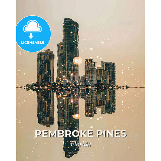 Pembroke Pines City Skyline Night Composite Poster - A reflection of a city in water - Square format print template