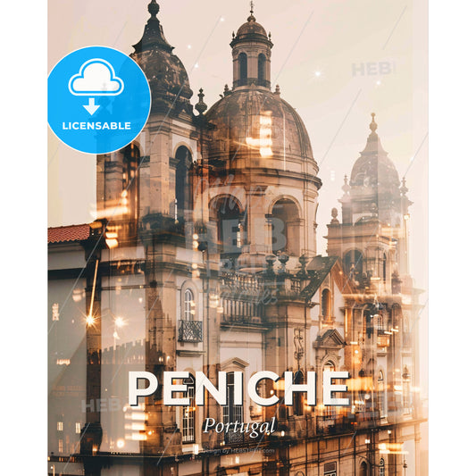 Peniche Portugal Double Exposure Cityscape - A building with a dome shaped roof - Square format print template