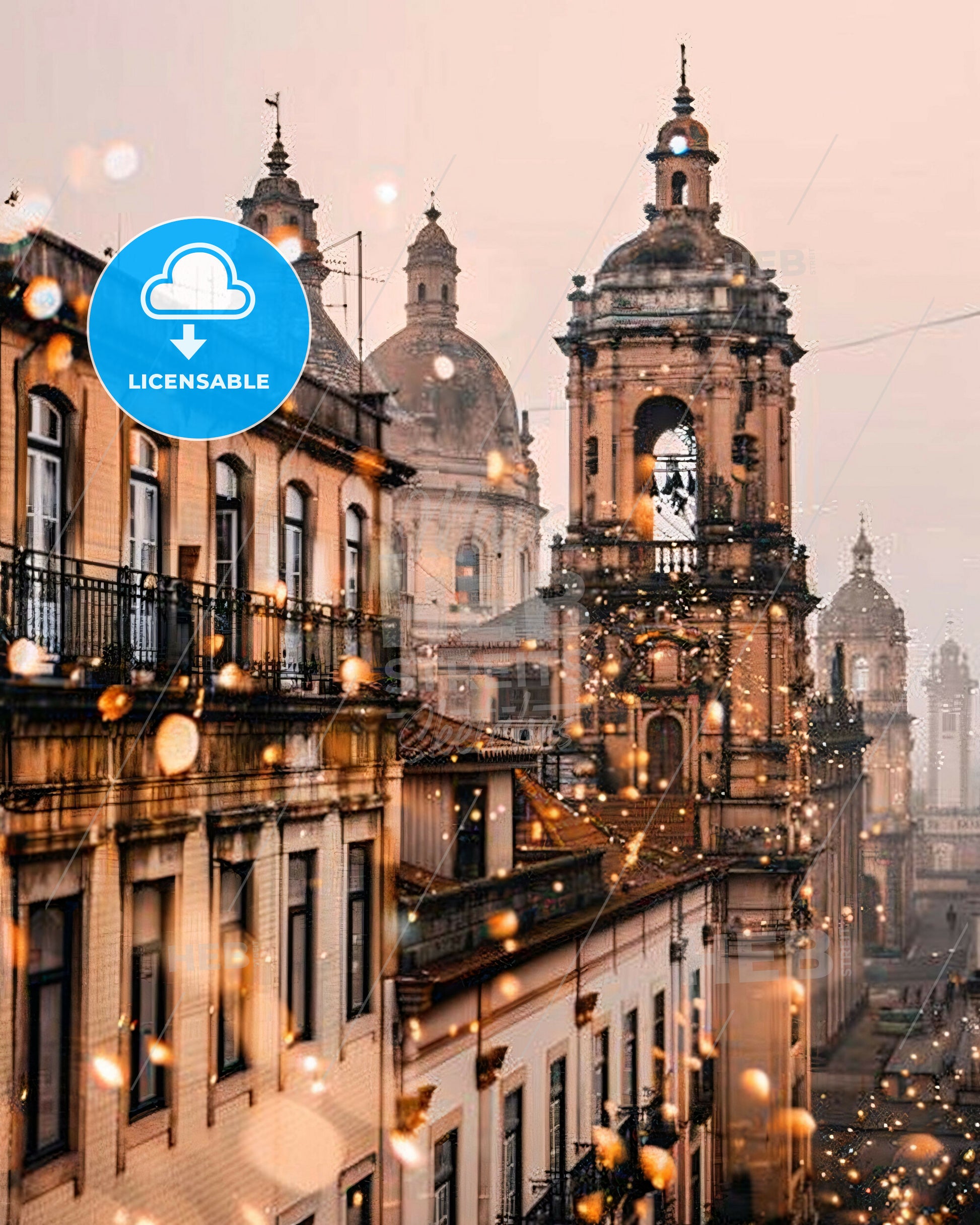 Peniche City Skyline Composite Art Poster - A building with a bell tower and lights