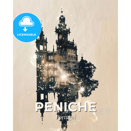 Peniche Double Exposure Skyline Poster - A building with a clock tower and trees - Square format print template