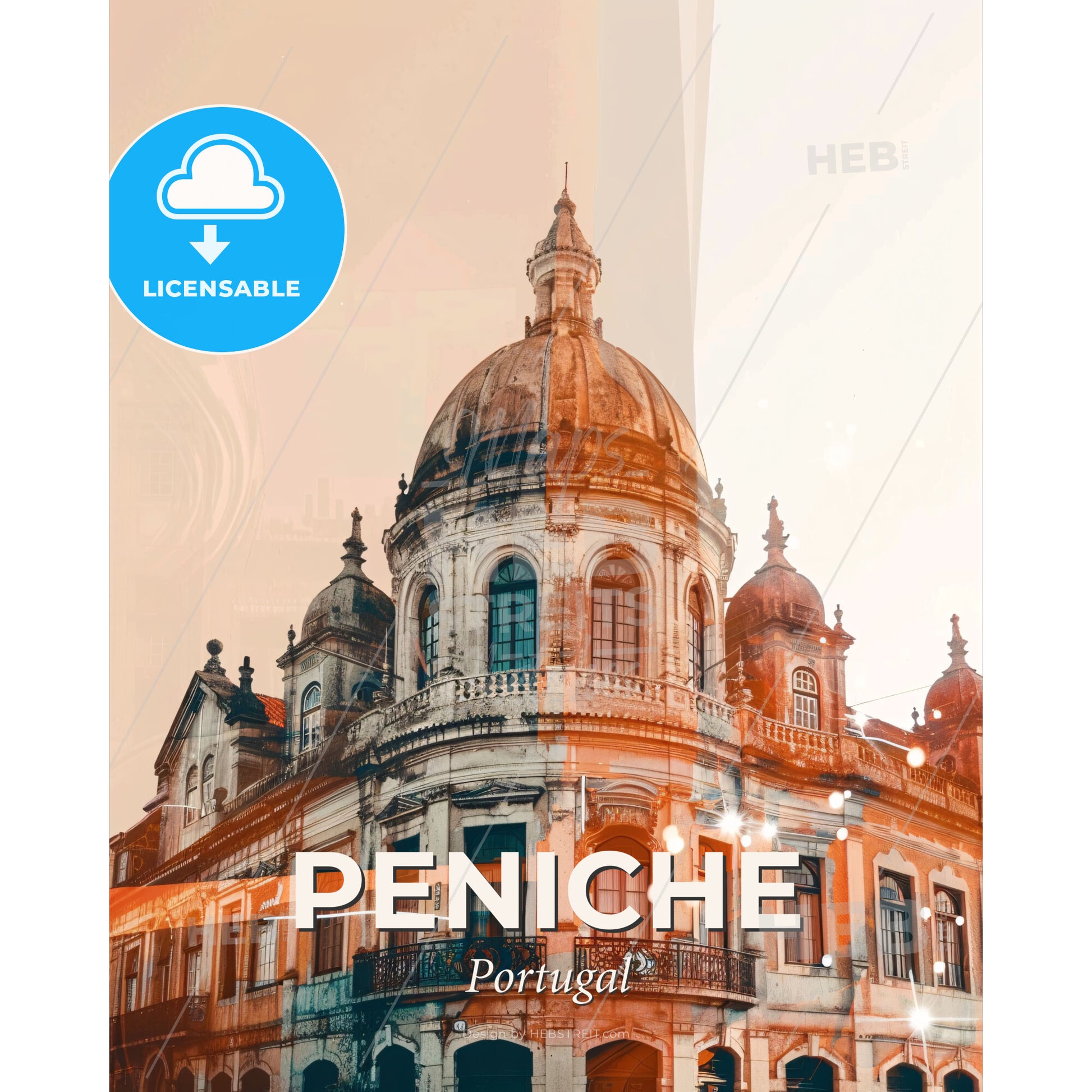 Peniche Skyline Composite Artwork Vibrant Hues - A building with a dome and a building with lights - Square format print template