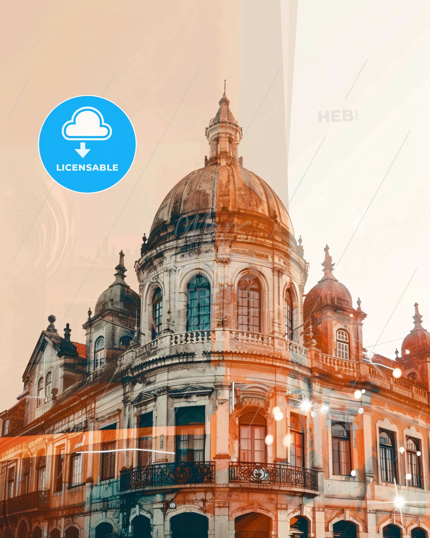 Peniche Skyline Composite Artwork Vibrant Hues - A building with a dome and a building with lights