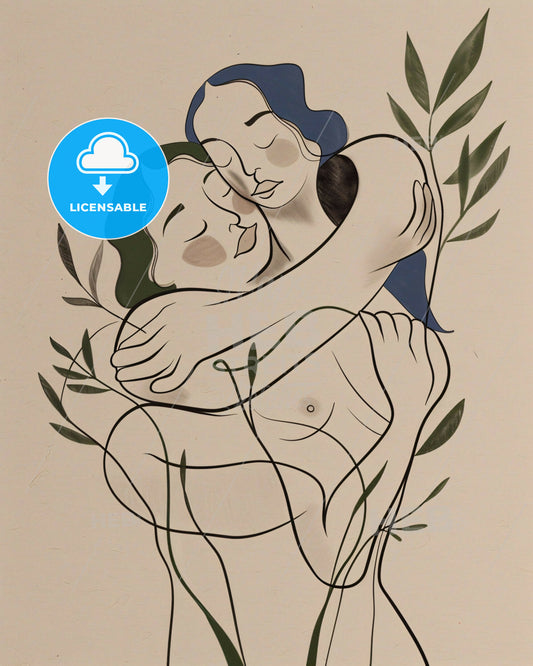 People hugging, simple, vector line art,pen thick lines,bold linework - A drawing of two women hugging